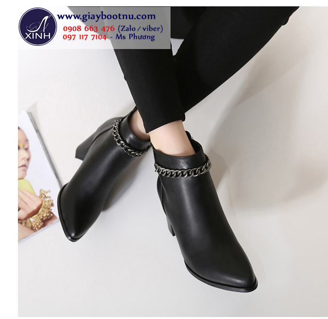 Giày boot nữ cổ ngắn đế vuông màu đen 8cm GBN129