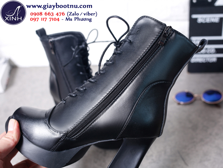 Giày boot nữ đế vuông bụi bặm cá tính cột dây GBN45