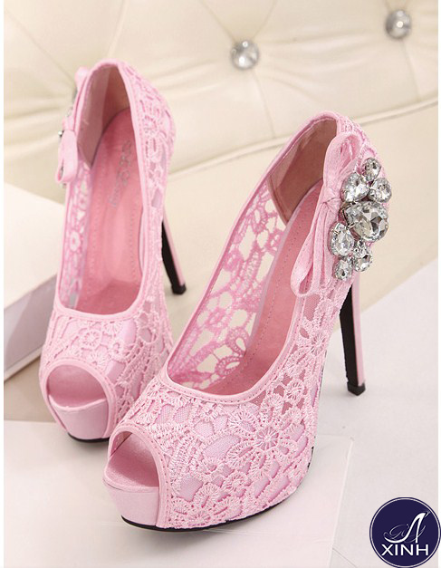 Giày cao gót ren cực nữ tính màu hồng GCG1901