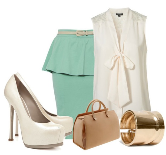 Giày cao gót nữ màu trắng kết hợp cùng chân váy bút chì xanh lá cây nhạt!