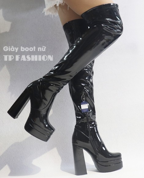 Giày boot đùi nữ gót vuông cao 14cm DA BÓNG, CHẮC CHẮN, ÔM CHÂN màu đen GCC131A