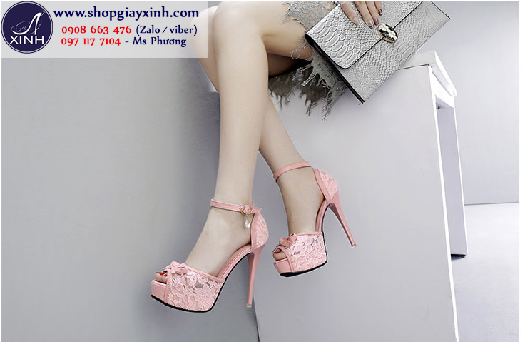 Giày cao gót 12cm chất ren nữ tính hiện đại màu hồng GCG0903