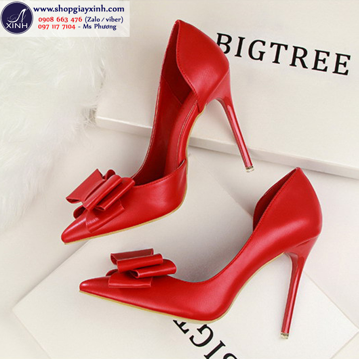 Giày cao gót đính nơ da bóng màu đỏ quyến rũ GCG3903