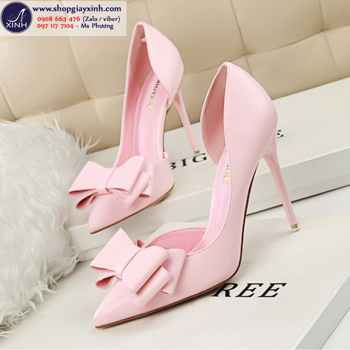 Giày cao gót đính nơ màu hồng xinh xắn GCG3905