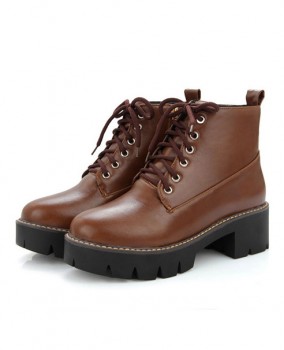 Boot nữ cổ ngắn cột dây đế thô màu nâu sành điệu GBN0303