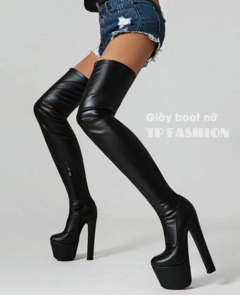 Giày boot cổ cao ống SIÊU DÀI hơn 70cm gót vuông 17cm chất da PU lì ôm chân mang tiệc, biểu diễn GCC15A