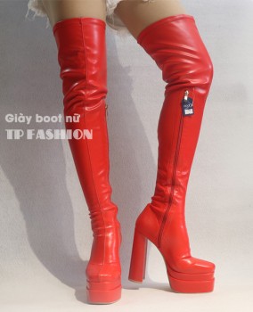 Giày boot đùi nữ CAO GÓT 15CM chất da PU màu đỏ NỔI BẬT ống SIÊU DÀI- ÔM CHÂN GCC11803