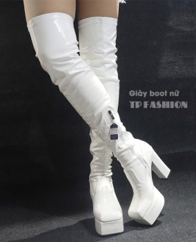 Giày boot đùi nữ da bóng màu trắng MŨI VUÔNG gót 12cm thời thượng GCC12302