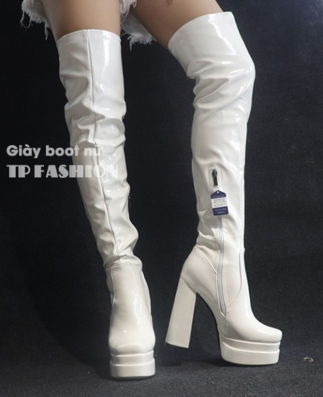 Giày boot đùi nữ gót vuông cao 14cm DA BÓNG, CHẮC CHẮN, ÔM CHÂN màu trắng GCC131B