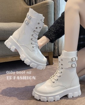 Giày boot nữ buộc dây DA BÓNG đế thấp 3cm màu TRẮNG cổ lửng 17cm chuẩn style CÁ TÍNH GBN29B