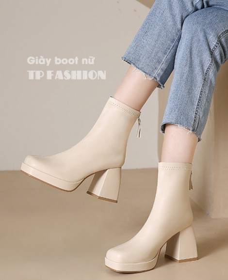 Giày boot nữ cổ ngắn màu kem MẪU MỚI - ĐƠN GIẢN đế cong cao 8cm MŨI VUÔNG GBN28B