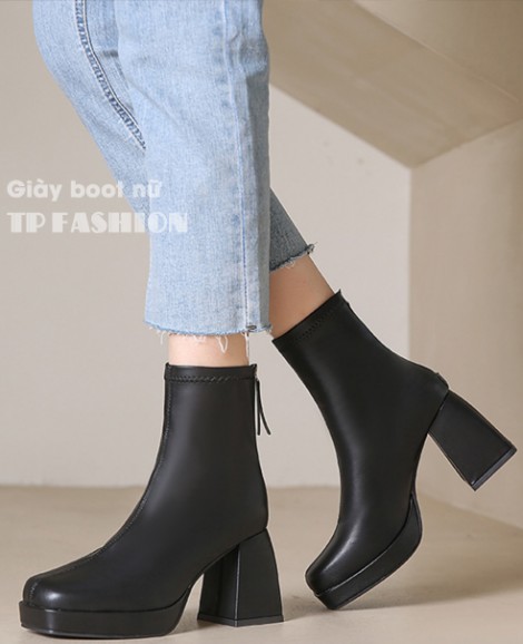 Giày boot nữ cổ ngắn MẪU MỚI - ĐƠN GIẢN đế cong cao 8cm MŨI VUÔNG THỜI THƯỢNG GBN28A
