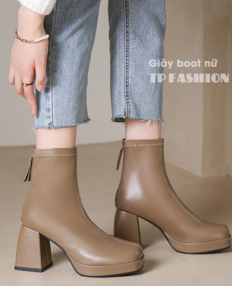 Giày boot nữ cổ ngắn màu nâu MẪU MỚI - ĐƠN GIẢN đế cong cao 8cm MŨI VUÔNG GBN28C