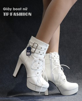 Giày boot nữ cột dây cao gót 11.5cm màu trắng CÁ TÍNH mang đi tiệc, đi chơi, biểu diễn GBN126B