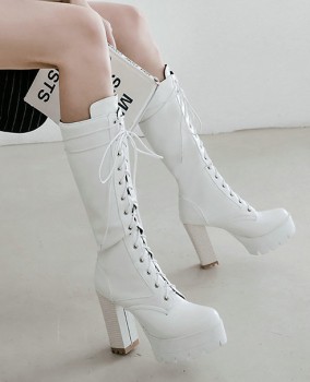 Giày COMBAT boot CỘT DÂY màu trắng dưới gối 12cm GCC127B