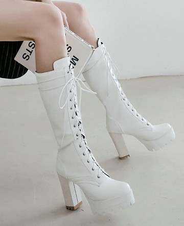 Giày COMBAT boot CỘT DÂY màu trắng dưới gối 12cm GCC127B
